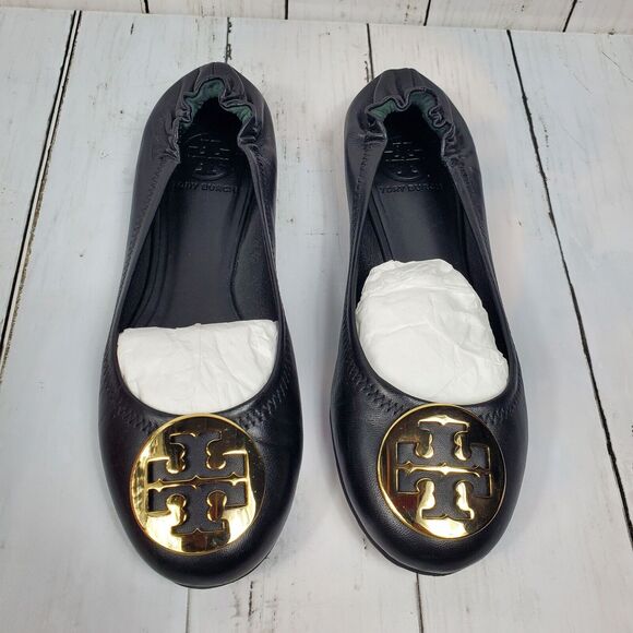 Tory Burch Reva Ballet Flats Size 7 M Black Leather Gold Metallic Logo Comfy GUC - Picture 6 of 13